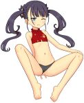  1girl absurdres ami_(ammy33) anal_fingering bare_arms bare_legs bare_shoulders barefoot black_hair black_panties blue_eyes clothing_aside crop_top female_masturbation fingering full_body highres long_hair masturbation midriff monk_(sekaiju) monk_2_(sekaiju) navel panties panties_aside pussy pussy_peek sekaiju_no_meikyuu sekaiju_no_meikyuu_3 simple_background solo spread_legs twintails underwear white_background 