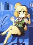  animal_crossing anthro breasts canid canine canis chair clothed clothing crossed_legs detailed_background domestic_dog female full-length_portrait fully_clothed furniture hi_res holding_mug holding_object holding_pen isabelle_(animal_crossing) mammal mug nintendo nojimmyplz office_chair pen portrait shih_tzu sitting smile solo toy_dog yellow_body 