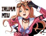  1girl :p antenna_hair bangs barbed_wire black_choker black_gloves blonde_hair breasts character_name choker cleavage danganronpa_(series) danganronpa_v3:_killing_harmony fingerless_gloves gloves goggles goggles_on_head hand_on_hip iruma_miu kirara_(kiraronpa) large_breasts long_hair long_sleeves o-ring pink_shirt pink_skirt pleated_skirt sailor_collar shirt skirt solo teeth tongue tongue_out white_sailor_collar 