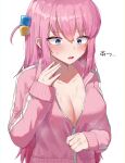  absurdres bangs blue_eyes blush bocchi_the_rock! breasts breath check_translation cleavage collar collarbone fanning_self gotou_hitori hair_ornament highres hot jacket large_breasts long_hair long_sleeves looking_down main371 motion_lines open_mouth partially_unzipped pink_hair pink_track_suit sidelocks simple_background sweat track_jacket translation_request upper_body wet wet_clothes white_background zipper 