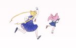  2girls arm_up bishoujo_senshi_sailor_moon blonde_hair blue_skirt chasing chibi_usa double_bun hair_bun highres long_hair luna-p multiple_girls p_m_ame pink_background pink_hair running school_uniform short_hair simple_background skirt tsukino_usagi twintails 