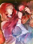  1boy akazukin_(taishou_x_alice) black_background brown_eyes flower highres hood hood_up light_brown_hair long_sleeves male_focus neoromansu5 red_flower red_hood red_rose rose shirt short_hair solo taishou_x_alice white_shirt 