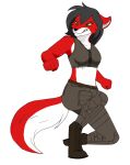  alfa_wolf10! anthro black_hair boots canid canine canis clothing female flare_rains footwear fur green_eyes hair hi_res mammal multicolored_body red_body red_fur red_wolf solo sport_top tactical_pants tattoo teeth_showing two_tone_body white_body white_fur wolf 