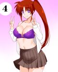  1girl bangs bra breasts brown_hair brown_skirt cleavage closed_mouth collarbone cowboy_shot double_v dress_shirt engo_(aquawatery) floating_hair gradient_background hair_between_eyes highres large_breasts long_hair long_sleeves lyrical_nanoha mahou_shoujo_lyrical_nanoha_strikers midriff miniskirt navel open_clothes open_shirt pink_background pleated_skirt purple_bra purple_eyes shirt side_ponytail skirt smile solo speech_bubble standing stomach takamachi_nanoha underwear v white_background white_shirt 