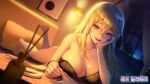  1girl ahoge bare_arms bare_shoulders barefoot black_bra blonde_hair blurry blurry_background blurry_foreground bra breasts cleavage depth_of_field dutch_angle head_rest highres kwon_latte lace-trimmed_bra lace_trim large_breasts long_hair looking_at_viewer love_delivery lying official_art on_bed on_stomach open_mouth orange_eyes osuti pov pov_hands skindentation smile solo_focus spaghetti_strap strap_slip thighs underwear underwear_only very_long_hair 