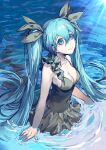  1girl absurdres aqua_eyes aqua_hair asymmetrical_dress bangs bare_arms bare_shoulders black_dress blue_eyes blue_hair bow breasts cleavage closed_mouth collarbone crying crying_with_eyes_open dress grey_bow hair_between_eyes hair_bow hatsune_miku highres kako_(pixiv77158173) long_hair medium_breasts pale_skin partially_submerged shinkai_shoujo_(vocaloid) short_dress sideboob sitting sleeveless sleeveless_dress smile solo tearing_up tears twintails very_long_hair vocaloid wet wet_clothes wet_hair 