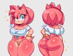  2023 5_fingers accessory amy_rose anthro big_butt bracelet breasts butt camel_toe cleavage clothed clothing eulipotyphlan eyelashes female fingers green_eyes hair hair_accessory hairband hedgehog hi_res ichig8miruku_(artist) jewelry mammal pink_hair sega shirt simple_background solo sonic_the_hedgehog_(series) thick_thighs thong topwear underwear white_clothing white_shirt white_topwear 