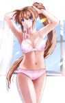  1girl armpits bangs bare_arms bra breasts brown_hair cleavage collarbone floating_hair hair_between_eyes long_hair looking_at_viewer lyrical_nanoha mahou_shoujo_lyrical_nanoha mahou_shoujo_lyrical_nanoha_strikers medium_breasts mouth_hold navel panties pink_bra pink_panties pink_ribbon ponytail purple_eyes ribbon ribbon_in_mouth solo sougetsu_izuki standing takamachi_nanoha tying_hair underwear underwear_only very_long_hair 