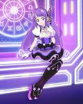  1girl blue_eyes boots detached_collar gloves headphones highres kaguya_madoka long_hair official_art precure purple_hair sitting smile solo star_twinkle_precure thigh_boots third-party_source white_gloves 