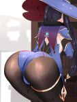  1girl ass ass_focus bent_over black_hair black_pantyhose blue_headwear blue_leotard bookshelf capelet commentary cowboy_shot detached_sleeves from_behind fur_collar genshin_impact gold_trim hat highres huge_ass indoors leotard long_hair mona_(genshin_impact) pantyhose purple_capelet sana!rpg solo standing thighlet twintails vision_(genshin_impact) witch_hat 