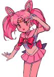  1girl bishoujo_senshi_sailor_moon bow chibi_usa choker commentary gloves highres magical_girl menma_(enaic31) one-hour_drawing_challenge pink_hair pink_sailor_collar pink_skirt red_bow sailor_chibi_moon sailor_collar simple_background skirt solo v white_background white_gloves 