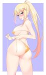  1girl ass ass_focus bikini blonde_hair blue_eyes blush bra breasts darkness_(konosuba) hair_ornament highres huge_ass huge_breasts kippuru kono_subarashii_sekai_ni_shukufuku_wo! large_breasts long_hair source_request swimsuit thick_thighs thighs thong thong_bikini underwear x_hair_ornament 