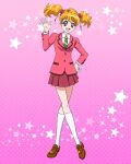  1girl blonde_hair brown_footwear dress_shirt fresh_precure! full_body green_necktie highres kneehighs loafers long_sleeves miniskirt momozono_love necktie official_art open_mouth pink_eyes pink_skirt precure precure_connection_puzzlun public_yotsuba_middle_school_uniform school_uniform shirt shoes skirt smile socks solo striped_necktie third-party_source twintails white_shirt 