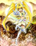  1girl blonde_hair boots bow brooch choker cure_sunshine cure_sunshine_(super_silhouette) elbow_gloves full_body gloves hand_on_hip heart_brooch heartcatch_precure! highres jewelry long_hair midriff myoudouin_itsuki navel official_art open_mouth pointing precure precure_connection_puzzlun puffy_short_sleeves puffy_sleeves short_sleeves smile solo thigh_boots third-party_source tiara white_footwear white_gloves yellow_bow yellow_choker yellow_eyes 
