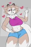  &lt;3 2023 abs anthro bottomwear breasts brown_body brown_fur brown_highlights canid canine cheek_tuft clothing crop_top cutoffs denim denim_clothing dipstick_ears eyebrows eyelashes facial_tuft female fur generation_7_pokemon gesture gloves_(marking) grey_background hi_res highlights_(coloring) leg_markings lycanroc mammal mane markings midday_lycanroc midriff multicolored_ears muscular muscular_female nintendo one_eye_closed pink_clothing pink_shirt pink_topwear plantedpot pokemon pokemon_(species) red_eyes roxy_(plantedpot) shirt shorts simple_background sleeveless_shirt socks_(marking) solo tail tongue tongue_out topwear tuft v_sign white_body white_fur wink 