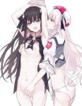  2girls arcaea armpits arms_up black_hair blue_eyes blush bound bound_arms breasts fingering hikari_(arcaea) licking_arm long_hair lowero multiple_girls navel nipples purple_eyes saliva tairitsu_(arcaea) teeth tongue tongue_out yuri 