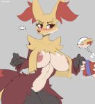  absurd_res ambiguous_gender anthro big_breasts blush bodily_fluids braixen breasts cooliehigh delphox duo ellipsis female fur generation_6_pokemon hi_res nintendo nipples pokemon pokemon_(species) sweat sweatdrop yellow_body yellow_fur 