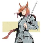  1girl animal_ears armor asymmetrical_bangs bangs braid braided_ponytail brown_hair couter cuirass faulds glasses highres holding holding_sword holding_weapon horse_ears ikuno_dictus_(umamusume) long_hair looking_at_viewer low_ponytail open_mouth round_eyewear shoulder_armor sinnra_art solo sword umamusume upper_body vambraces weapon yellow_eyes 