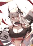  1girl absurdres arknights armband bare_shoulders black_choker black_gloves breasts choker cleavage commentary crop_top gloves hammer highres holding holding_hammer holding_weapon horns infection_monitor_(arknights) large_breasts long_hair looking_at_viewer midriff mudrock_(arknights) navel parted_lips pointy_ears red_eyes simple_background solo sports_bra stomach upper_body weapon white_background white_hair zarsy 