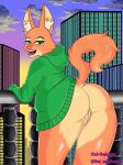  2022 anthro balcony butt canid canine city clothing diane_foxington dreamworks fangs female fox fur genitals green_eyes hi_res looking_back mammal oni-onichan_(artist) open_mouth orange_body orange_fur presenting presenting_hindquarters pussy raised_tail sharp_teeth skyscraper solo sweater tail teeth the_bad_guys topwear urban_background 