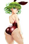  1girl absurdres animal_ears ass corset expressionless fake_animal_ears fishnet_pantyhose fishnets from_behind green_eyes green_hair highres looking_at_viewer one-punch_man pantyhose playboy_bunny red_corset short_hair sleeveless solo tatsumaki white_background zorzero 
