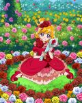  1girl asahina_mirai blonde_hair dress flower full_body highres layered_dress mahou_girls_precure! medium_hair official_art one_side_up precure precure_connection_puzzlun puffy_short_sleeves puffy_sleeves purple_eyes red_dress red_flower red_footwear red_rose rose short_sleeves sitting smile solo wariza 