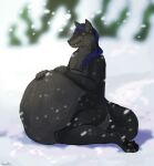  anthro belly big_belly black_body black_fur blue_hair canid fangs fur glistening glistening_eyes grey_body grey_fur hair hi_res huge_belly kneeling male mammal mouth_closed nude outside roobin side_view signature snow snowing solo teeth whiskers 
