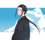  androgynous black_eyes black_hair blue_sky cloud day japanese_clothes karasu_wa_aruji_wo_erabanai kimono looking_back low_ponytail natsukihiko_(karasu_wa_aruji_wo_erabanai) outdoors sky suzusaki02 upper_body 