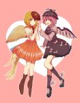  2girls animal animal_ears animal_on_head bangs bird bird_ears bird_on_head bird_wings black_footwear black_nails blonde_hair blush boots brown_dress brown_footwear brown_headwear brown_socks chick closed_mouth commentary dress fingernails full_body hat heart highres knee_boots kneehighs long_fingernails long_sleeves looking_at_viewer multicolored_hair multiple_girls mystia_lorelei nail_polish niwatari_kutaka on_head open_mouth orange_dress pink_hair puffy_short_sleeves puffy_sleeves red_eyes red_hair savlietion_yuki sharp_fingernails shirt shoes short_hair short_sleeves sleeve_garter smile socks symbol-only_commentary touhou two-tone_hair white_shirt white_wings winged_footwear winged_hat wings 