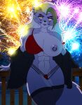  2023 abs anthro athletic athletic_female big_breasts bikini breasts canid canine canis clothed clothing desingahv exposed_breasts female fireworks five_nights_at_freddy&#039;s five_nights_at_freddy&#039;s:_security_breach fur green_hair hair legwear looking_at_viewer mammal nipple_piercing nipples piercing purple_body purple_fur purple_nipples roxanne_wolf_(fnaf) scottgames skimpy solo stockings swimwear wolf yellow_eyes 