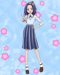  1girl blue_skirt brown_footwear collared_shirt full_body hand_on_hip highres kurokawa_eren long_hair official_art one_side_up open_mouth pointing precure precure_connection_puzzlun purple_hair shirt skirt smile socks solo suite_precure third-party_source white_socks yellow_eyes 