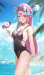  1girl beach bellibolt black_one-piece_swimsuit blue_hair blue_sky blurry bow-shaped_hair breasts cloud covered_navel day depth_of_field hexagon_print highres horizon iono_(pokemon) long_hair low-tied_long_hair magnemite medium_breasts multicolored_hair nohohon_neko ocean one-piece_swimsuit outdoors pink_eyes pink_hair pokemon pokemon_(creature) pokemon_(game) pokemon_sv sky solo swimsuit two-tone_hair very_long_hair 