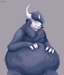  anthro belly big_belly black_nose blue_body blue_fur chest_tuft closed_smile duo eyes_closed front_view fur grey_background horn huge_belly mouth_closed paw_imprint roobin signature simple_background sitting solo_focus tuft vore white_body white_horn 