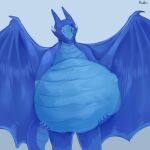  1:1 anthro belly big_belly blue_background blue_body blue_claws blue_horn blue_scales blue_wings claws closed_smile dragon finger_claws front_view glistening glistening_eyes green_eyes holding_belly horn huge_belly male membrane_(anatomy) membranous_wings mouth_closed nude paw_imprint pupils roobin scales signature simple_background slit_pupils standing vore wings 