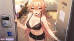  1girl black_bra black_shorts blonde_hair blurry blurry_background bra breasts cleavage collarbone copyright_name cowboy_shot day dolphin_shorts doorway eyelashes hair_between_eyes hair_flaps highres intercom korean_text kwon_latte large_breasts long_hair looking_at_viewer love_delivery navel no_shirt official_art open_door open_mouth orange_eyes osuti short_shorts shorts solo standing stomach sunlight translation_request trash_bag underwear veins veiny_breasts watermark 