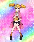  1girl black_footwear black_shorts blonde_hair earrings eating fresh_precure! full_body highres jacket jewelry long_hair momozono_love official_art open_clothes open_jacket pink_eyes pink_jacket precure precure_connection_puzzlun shorts sitting smile socks solo third-party_source twintails 