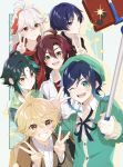  aether_(genshin_impact) ahoge bangs blonde_hair blue_hair braid braided_ponytail cellphone eyebrows_hidden_by_hair genshin_impact green_eyes green_hair hair_between_eyes highres kaedehara_kazuha long_hair looking_at_viewer mizuamememe multicolored_hair one_eye_closed open_mouth phone ponytail purple_hair red_hair scaramouche_(genshin_impact) school_uniform selfie shikanoin_heizou short_hair smartphone smile sweater twin_braids twintails v venti_(genshin_impact) wanderer_(genshin_impact) white_hair xiao_(genshin_impact) yellow_eyes 