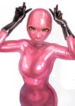  1girl absurdres blush bodysuit breasts brown_eyes elbow_gloves gimp_mask gloves highres kilye_kairi latex latex_bodysuit looking_at_viewer mask original pink_bodysuit skin_tight smile solo 