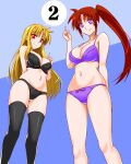  2girls arm_behind_back bare_arms bare_legs black_bra black_panties black_thighhighs blonde_hair bra breasts cleavage closed_mouth engo_(aquawatery) fate_testarossa from_below highres index_finger_raised large_breasts long_hair looking_at_viewer looking_down lyrical_nanoha mahou_shoujo_lyrical_nanoha_strikers multiple_girls navel panties purple_bra purple_eyes purple_panties red_eyes red_hair shiny_skin side_ponytail sketch skindentation speech_bubble straight_hair takamachi_nanoha thighhighs underwear underwear_only very_long_hair 