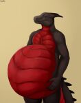  anthro belly big_belly black_body black_horn black_tail eyes_closed horn huge_belly male mouth_closed nude red_body red_scales red_tail roobin scales signature simple_background solo spiked_tail spikes spikes_(anatomy) standing tail tan_background 