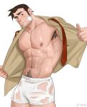  1boy abs ace_attorney armpit_hair armpits bandaid bandaid_on_cheek bandaid_on_face bara bare_pectorals beard behind_ear blush boxers brown_shirt bulge dick_gumshoe facial_hair flaccid frde highres large_pectorals long_sideburns male_focus male_underwear mature_male muscular muscular_male navel navel_hair necktie necktie_removed nipples no_pants open_clothes open_shirt pectorals pencil salaryman see-through shirt short_hair sideburns solo stomach stubble thick_thighs thighs underwear undone_necktie undressing wet wet_clothes wet_male_underwear white_male_underwear 