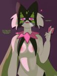  anthro areola blush breasts digital_media_(artwork) felid feline female fur generation_9_pokemon green_body green_fur hi_res looking_at_viewer mammal meowscarada nintendo nipples nude pokemon pokemon_(species) serubijagung simple_background solo text 