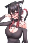  1girl animal_ear_fluff animal_ears black_hair blush breasts cat_ears cat_tail cleavage_cutout clothing_cutout colored_tips dress fang highres jewelry large_breasts match_(scp115) multicolored_hair necklace one_eye_closed open_mouth original red_eyes ribbed_dress streaked_hair tail 