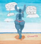  absurd_res alien anthro back_markings big_butt bikini_thong blue_body blue_fur blue_sky butt clothing cloud day dialogue disney experiment_(lilo_and_stitch) fur hi_res koala lilo_and_stitch long_ears lovemet123_(lovemet_room) male mammal markings marsupial phone sand sea sky small_tail solo solo_focus stitch_(lilo_and_stitch) swimwear tail vombatiform water 