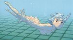  1girl :t ass ayanami_rei back blue_hair breasts bubble caustics completely_nude foreshortening from_side highres holding_breath legs medium_breasts neon_genesis_evangelion nipples non-web_source nude outstretched_arms pale_skin pool pout red_eyes short_hair skinny_dipping solo spread_arms swimming third-party_edit tiles tsurumaki_kazuya underwater 