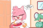  1girl amy_rose basket bracelet closed_eyes dress english_text gloves highres holding holding_basket jewelry open_door open_mouth red_dress smile solo sonic_(series) speech_bubble toonsite white_gloves 