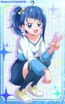  1girl blue_eyes blue_hair blue_skirt blue_thighhighs hanzou highres hirogaru_sky!_precure long_hair long_sleeves open_mouth precure side_ponytail skirt smile solo sora_harewataru thighhighs v 