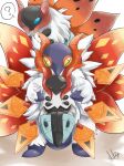  +_+ ? blue_eyes commentary_request highres holding holding_pokemon horns iron_moth looking_at_viewer no_humans pokemon pokemon_(creature) signature slither_wing spoken_question_mark volcarona white_fur yellow_eyes yumedamauru 