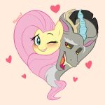  &lt;3 absurd_res blush chimera discord_(mlp) draconequus duo equid equine female feral fluttershy_(mlp) friendship_is_magic fur green_eyes grey_body grey_fur hasbro hexecat hi_res horse male male/female mammal my_little_pony one_eye_closed open_mouth pegasus pony red_eyes smile wings wink yellow_body yellow_fur 
