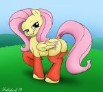  2019 bedroom_eyes butt clothed clothed_feral clothing dock equid equine eyelashes female feral fluttershy_(mlp) folded_wings friendship_is_magic hair hasbro hi_res hooves leggings legwear looking_at_viewer looking_back looking_back_at_viewer mammal my_little_pony narrowed_eyes pegasus pink_hair pink_tail quadruped raised_hoof seductive signature smile smirk solo strebiskunk tail teal_eyes wings yellow_body 